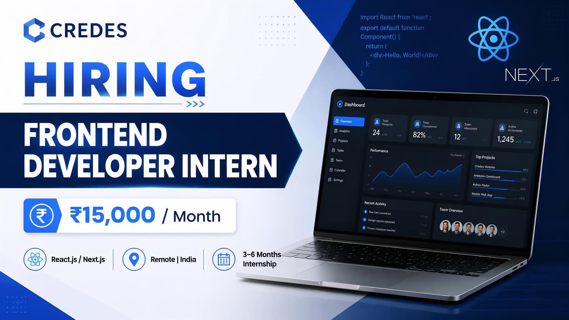 Frontend Developer Intern – React.js / Next.js | ₹15,000/Month | Remote | Credes